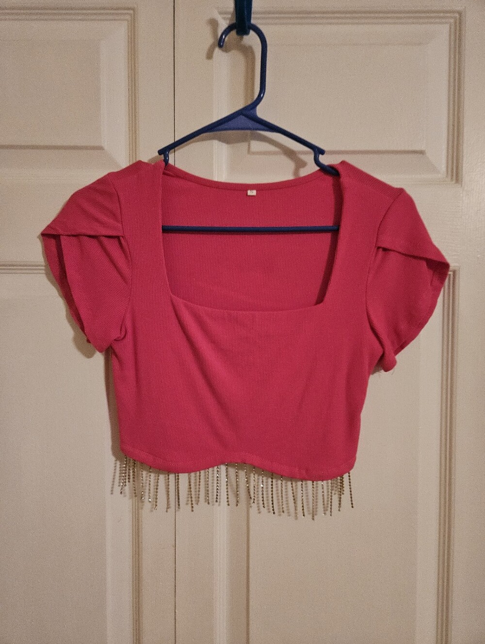 Women’s Pink Square-Neck Crop Top with Fringe Size Small